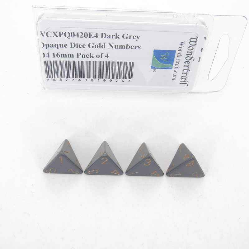 WCXPQ0420E4 Dark Grey Opaque Dice Gold Numbers D4 16mm Pack of 4 Main Image