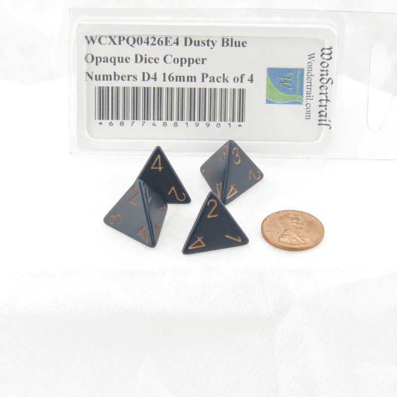 WCXPQ0426E4 Dusty Blue Opaque Dice Copper Numbers D4 16mm Pack of 4 2nd Image