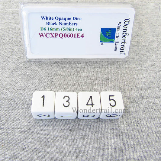 WCXPQ0601E4 White Opaque Dice Black Numbers D6 16mm Pack of 4 Main Image