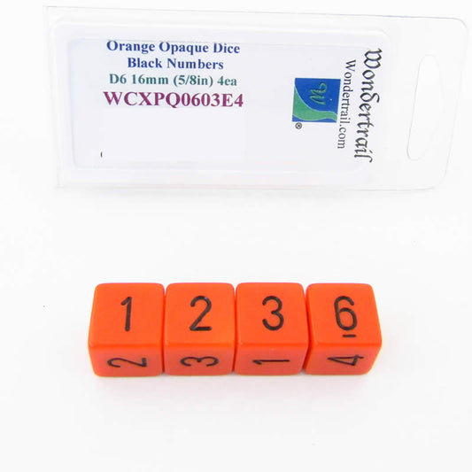 WCXPQ0603E4 Orange Opaque Dice Black Numbers D6 16mm Pack of 4 Main Image