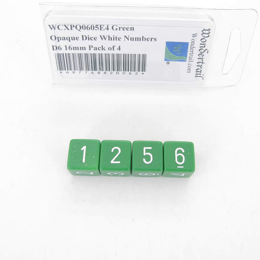 WCXPQ0605E4 Green Opaque Dice White Numbers D6 16mm Pack of 4 Main Image