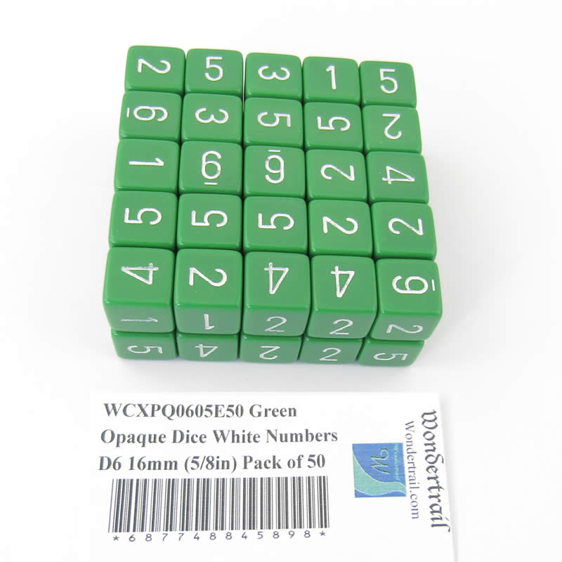 WCXPQ0605E50 Green Opaque Dice White Numbers D6 16mm (5/8in) Pack of 50 Main Image