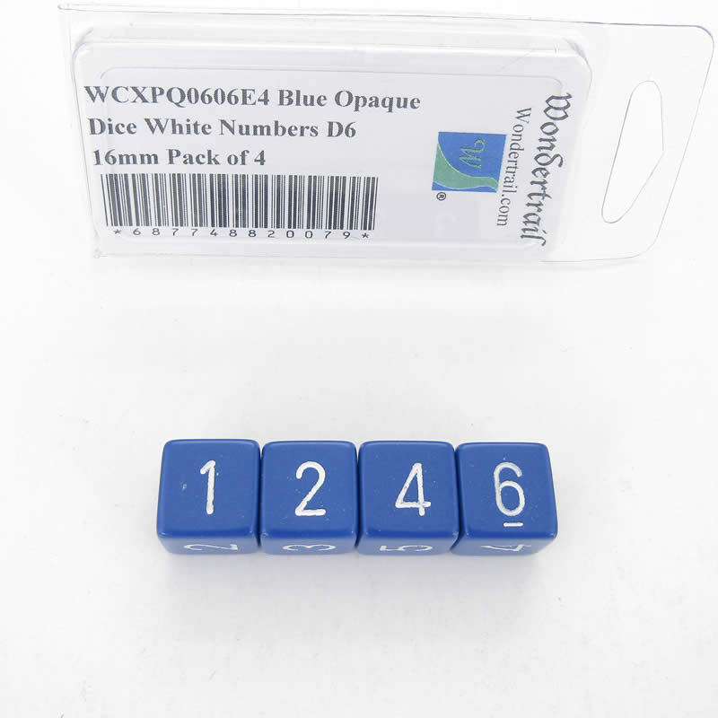 WCXPQ0606E4 Blue Opaque Dice White Numbers D6 16mm Pack of 4 Main Image