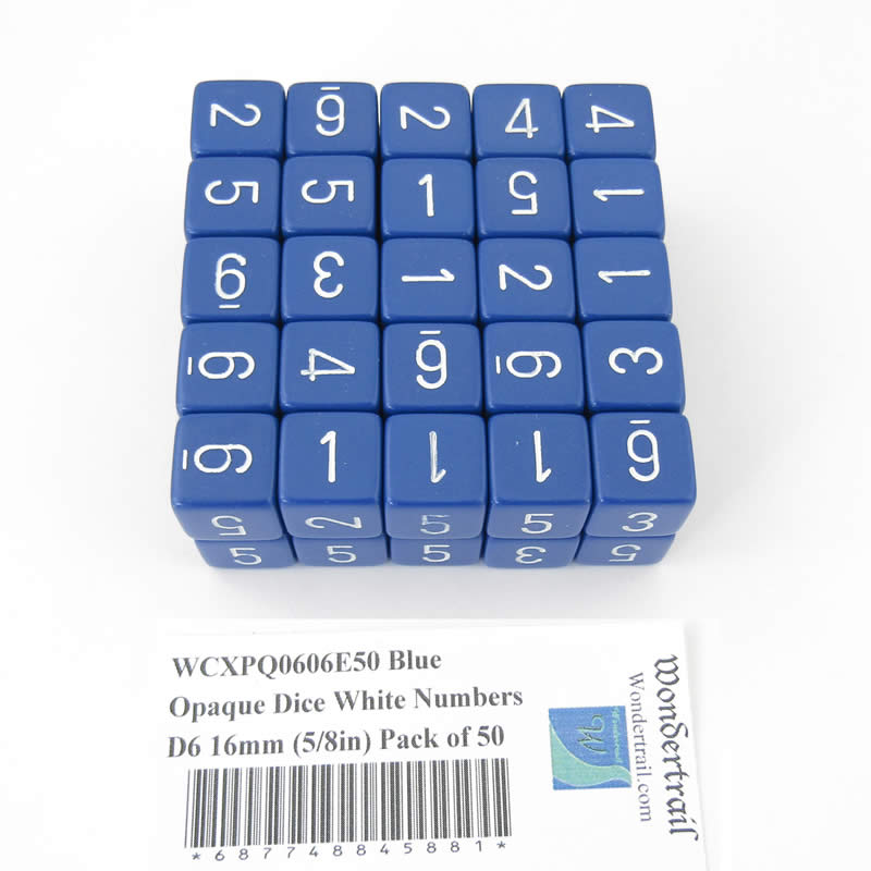 WCXPQ0606E50 Blue Opaque Dice White Numbers D6 16mm (5/8in) Pack of 50 Main Image