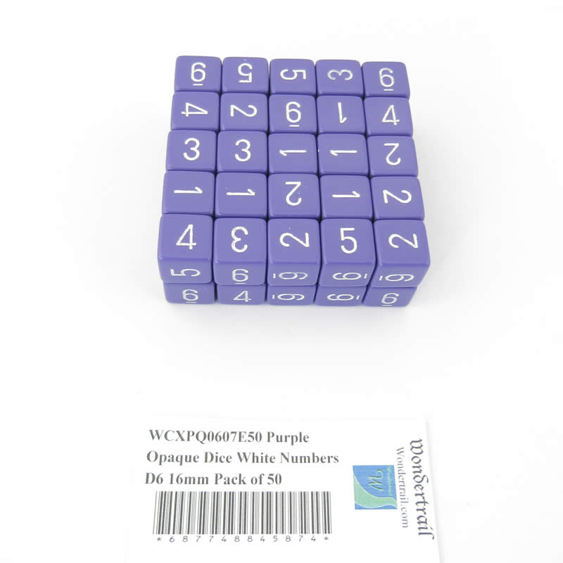 WCXPQ0607E50 Purple Opaque Dice White Numbers D6 16mm Pack of 50 Main Image