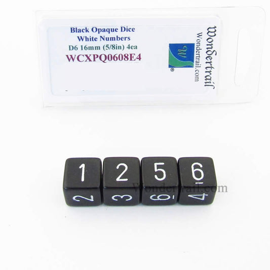WCXPQ0608E4 Black Opaque Dice White Numbers D6 16mm Pack of 4 Main Image