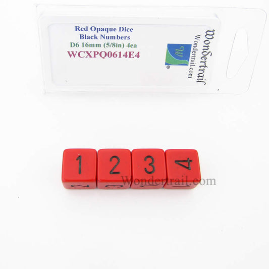 WCXPQ0614E4 Red Opaque Dice Black Numbers D6 16mm Pack of 4 Main Image