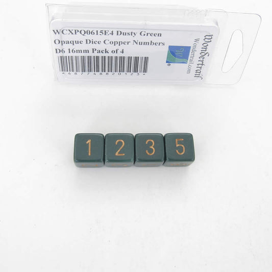 WCXPQ0615E4 Dusty Green Opaque Dice Copper Numbers D6 16mm Pack of 4 Main Image