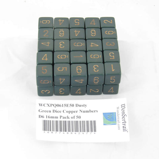 WCXPQ0615E50 Dusty Green Dice Copper Numbers D6 16mm Pack of 50 Main Image