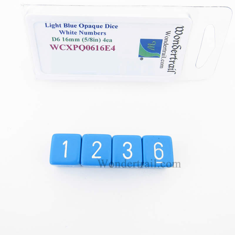 WCXPQ0616E4 Light Blue Opaque Dice White Numbers D6 16mm Pack of 4 Main Image