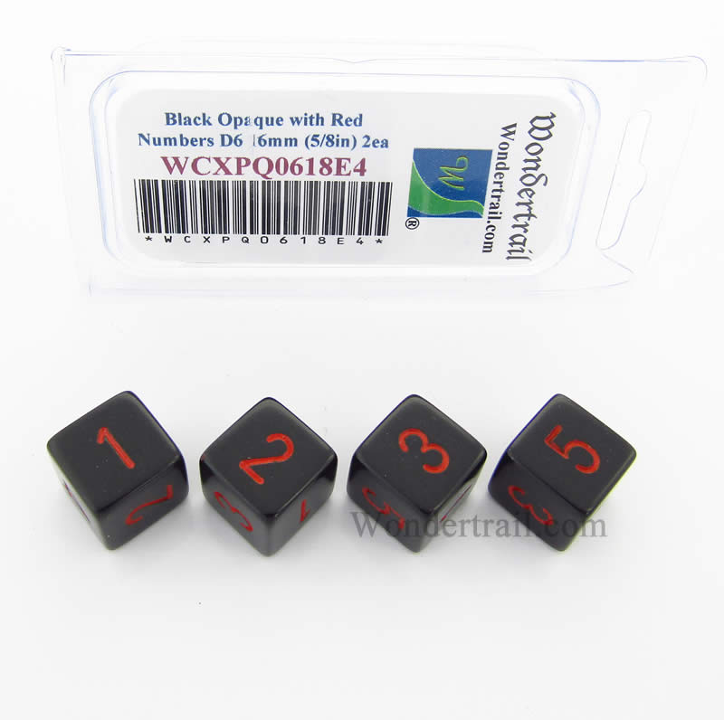 WCXPQ0618E4 Black Opaque Dice Red Numbers D6 16mm Pack of 4 Main Image