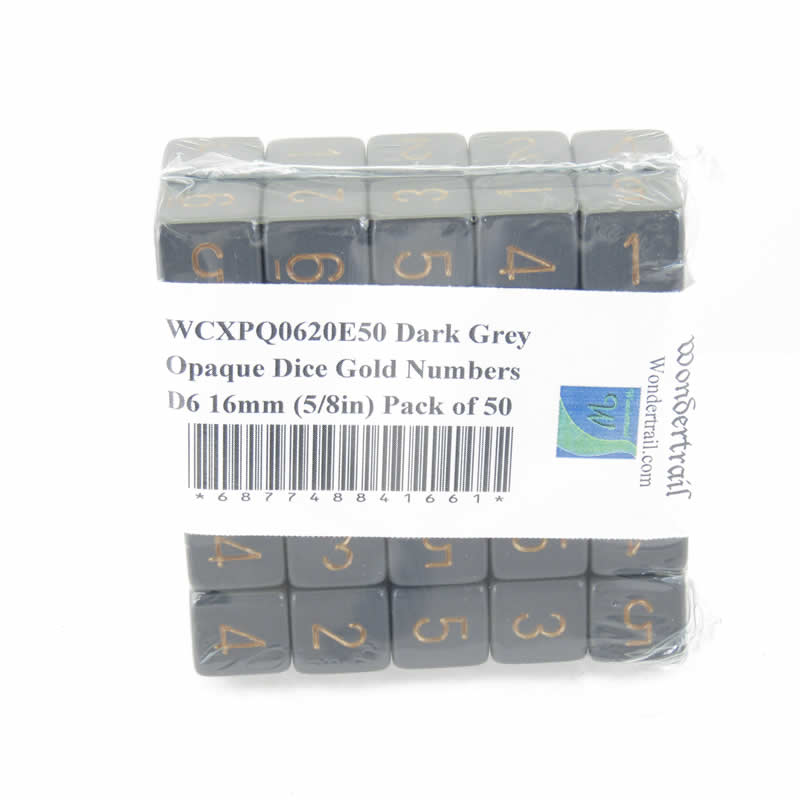 WCXPQ0620E50 Dark Grey Opaque Dice Gold Numbers D6 16mm (5/8in) Pack of 50 Main Image