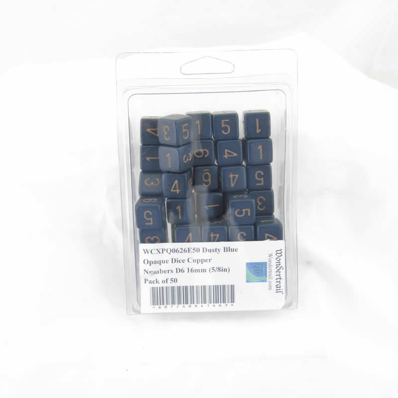 WCXPQ0626E50 Dusty Blue Opaque Dice Copper Numbers D6 16mm (5/8in) Pack of 50 Main Image