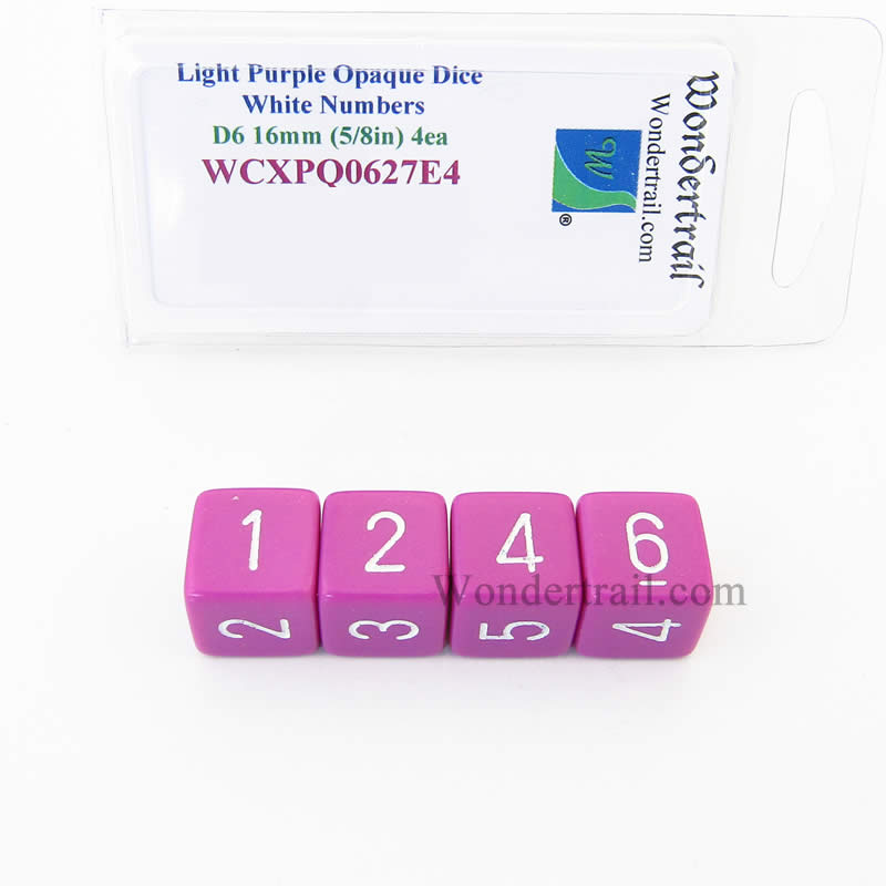 WCXPQ0627E4 Light Purple Opaque Dice White Numbers D6 16mm Pack of 4 Main Image