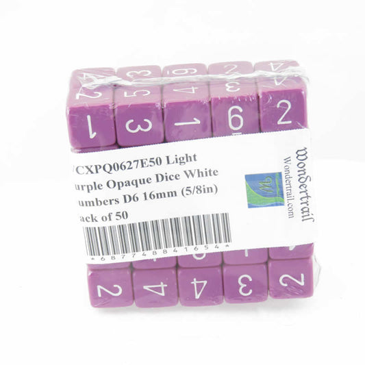 WCXPQ0627E50 Light Purple Opaque Dice White Numbers D6 16mm (5/8in) Pack of 50 Main Image