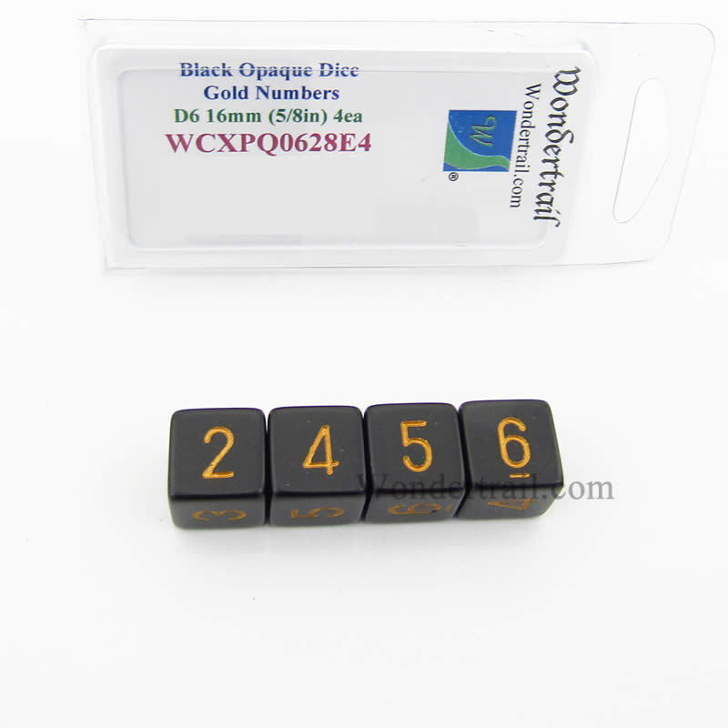 WCXPQ0628E4 Black Opaque Dice Gold Numbers D6 16mm Pack of 4 Main Image