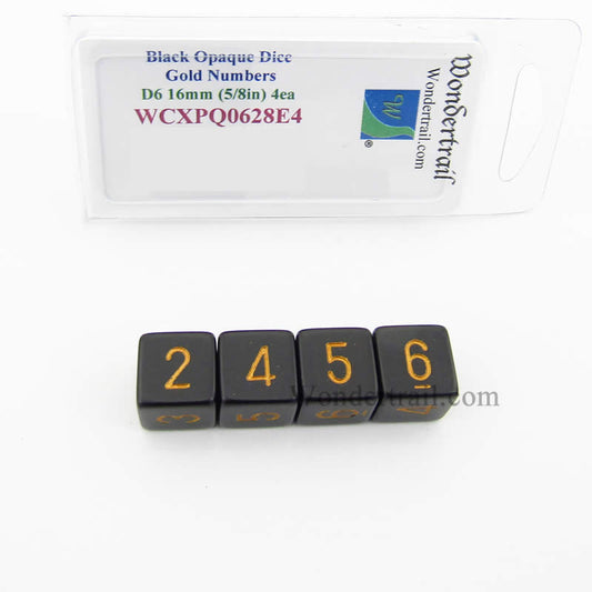 WCXPQ0628E4 Black Opaque Dice Gold Numbers D6 16mm Pack of 4 Main Image