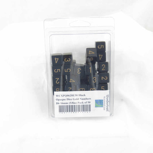 WCXPQ0628E50 Black Opaque Dice Gold Numbers D6 16mm (5/8in) Pack of 50 Main Image