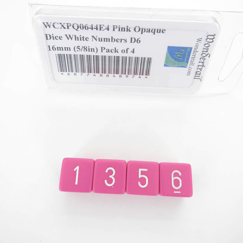 WCXPQ0644E4 Pink Opaque Dice White Numbers D6 16mm (5/8in) Pack of 4 Main Image