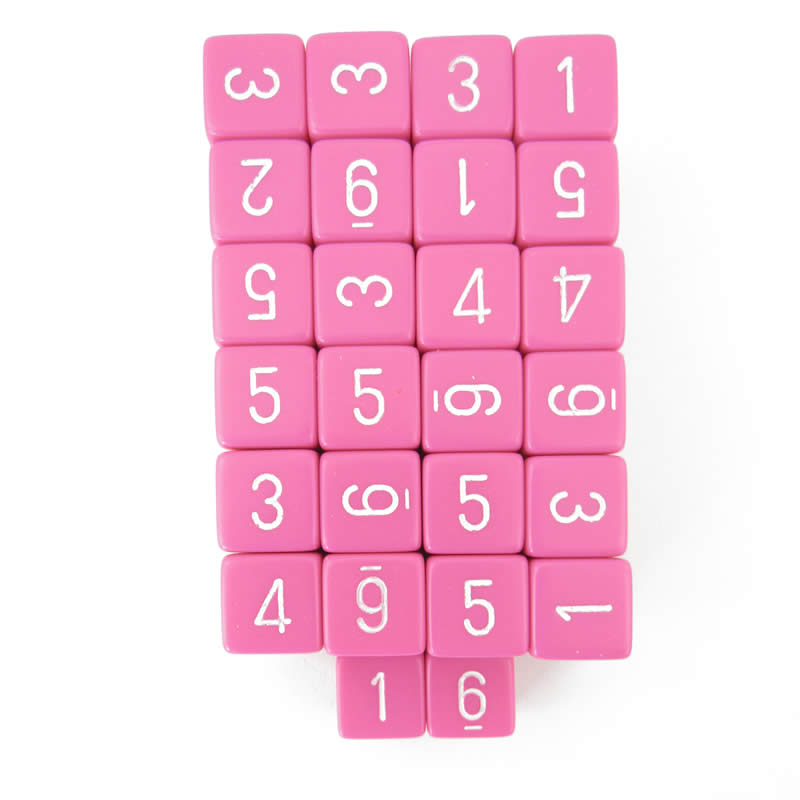 WCXPQ0644E50 Pink Opaque Dice White Numbers D6 16mm Pack of 50 Main Image