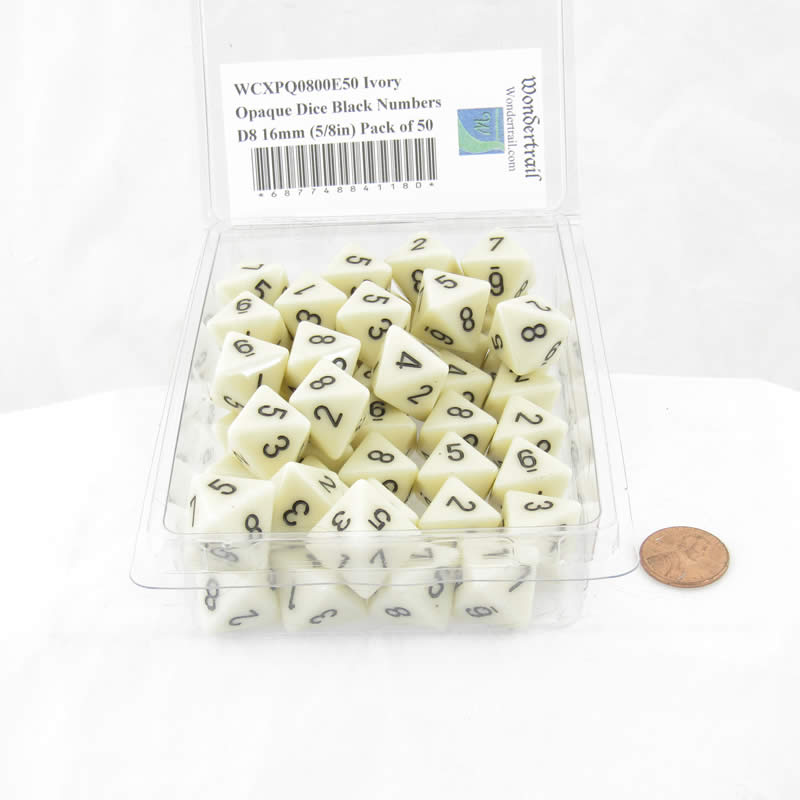 WCXPQ0800E50 Ivory Opaque Dice Black Numbers D8 16mm (5/8in) Pack of 50 Main Image