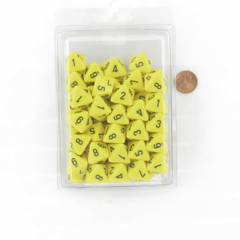 WCXPQ0802E50 Yellow Opaque Dice Black Numbers D8 Aprox 16mm (5/8in) Pack of 50 2nd Image