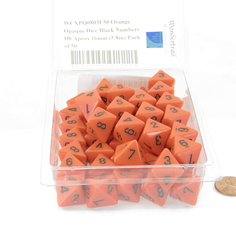 WCXPQ0803E50 Orange Opaque Dice Black Numbers D8 Aprox 16mm (5/8in) Pack of 50 2nd Image