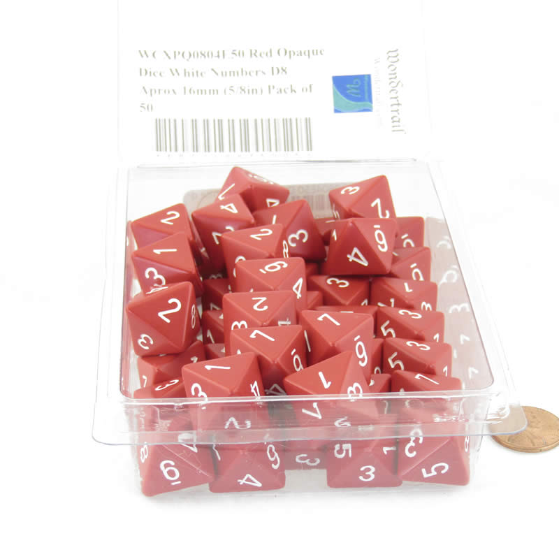 WCXPQ0804E50 Red Opaque Dice White Numbers D8 Aprox 16mm (5/8in) Pack of 50 2nd Image