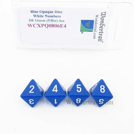 WCXPQ0806E4 Blue Opaque Dice White Numbers D8 16mm Pack of 4 Main Image