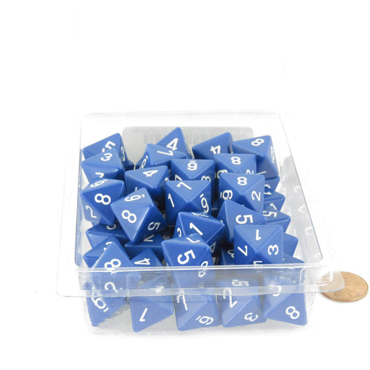 WCXPQ0806E50 Blue Opaque Dice White Numbers D8 Aprox 16mm (5/8in) Pack of 50 Main Image