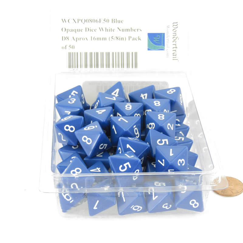 WCXPQ0806E50 Blue Opaque Dice White Numbers D8 Aprox 16mm (5/8in) Pack of 50 2nd Image