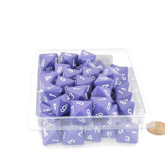 WCXPQ0807E50 Purple Opaque Dice White Numbers D8 Aprox 16mm (5/8in) Pack of 50 Main Image