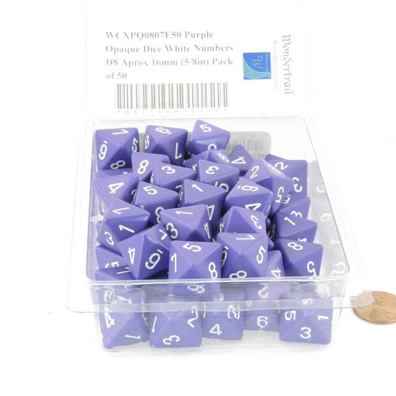 WCXPQ0807E50 Purple Opaque Dice White Numbers D8 Aprox 16mm (5/8in) Pack of 50 2nd Image