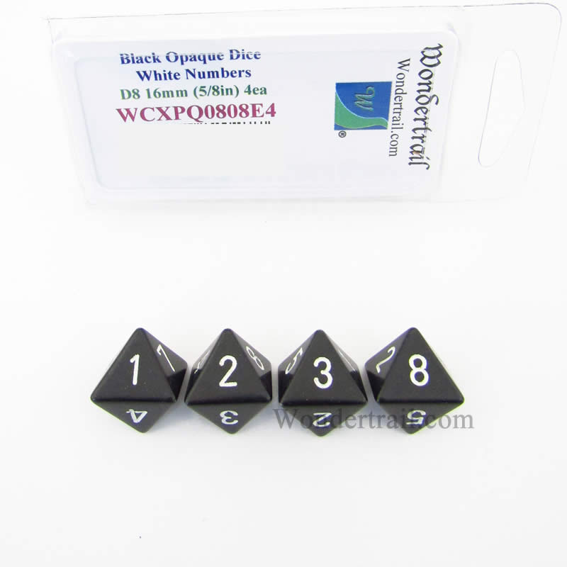 WCXPQ0808E4 Black Opaque Dice White Numbers D8 16mm Pack of 4 Main Image