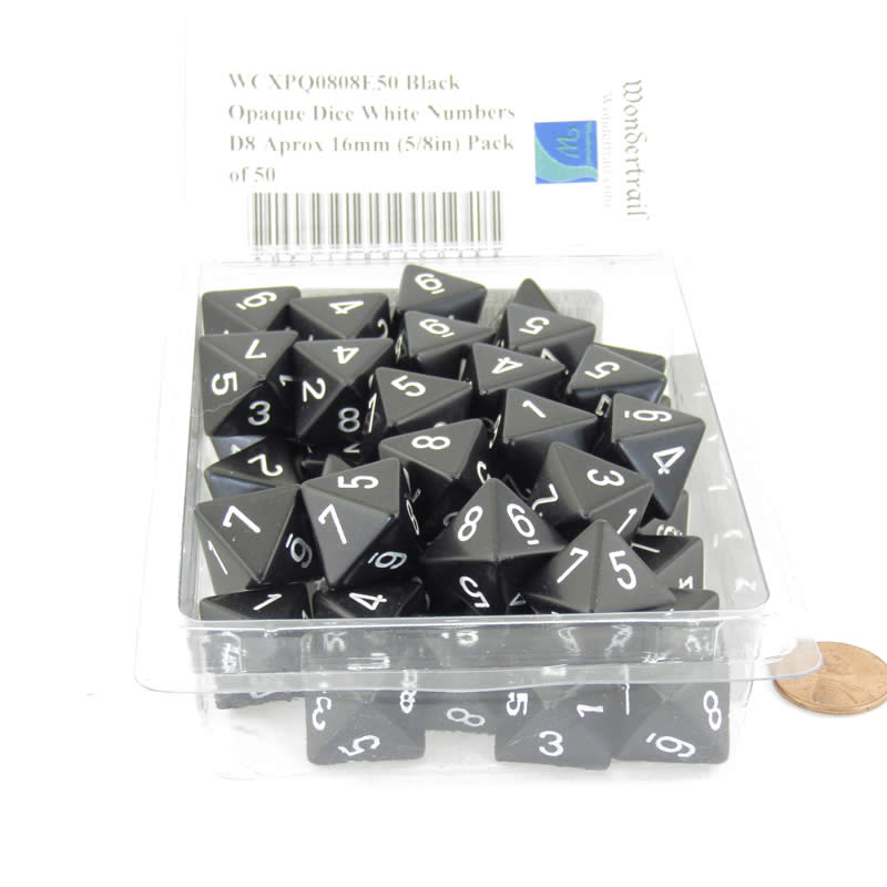 WCXPQ0808E50 Black Opaque Dice White Numbers D8 Aprox 16mm (5/8in) Pack of 50 2nd Image