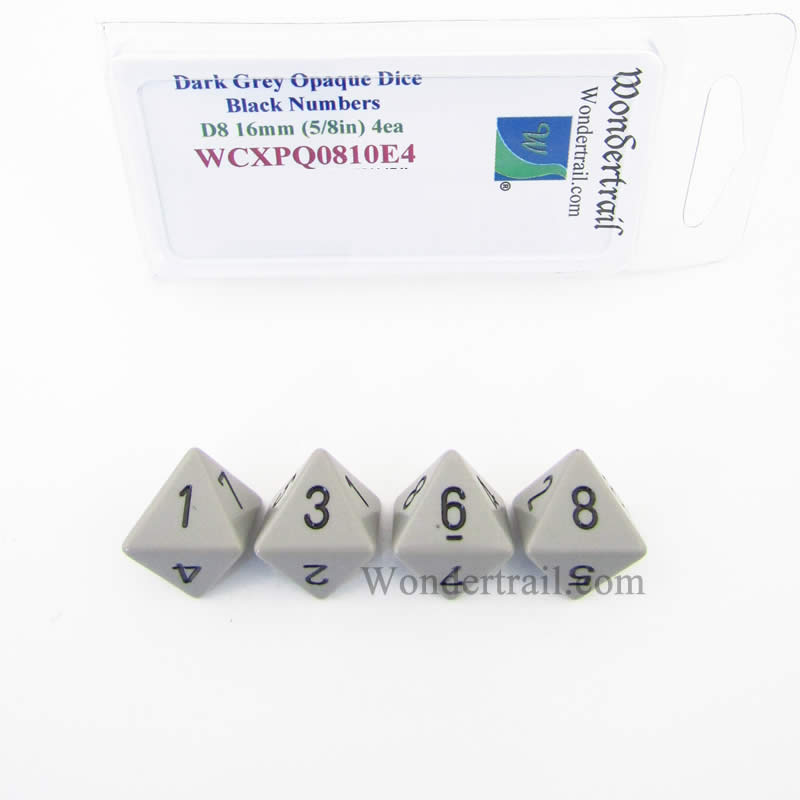 WCXPQ0810E4 Dark Grey Opaque Dice Black Numbers D8 16mm Pack of 4 Main Image