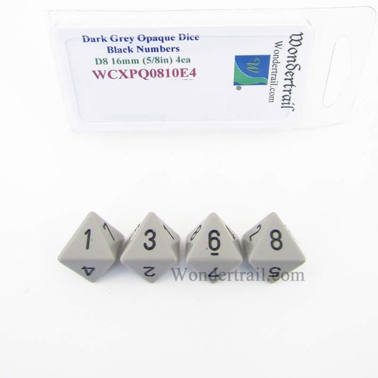 WCXPQ0810E4 Dark Grey Opaque Dice Black Numbers D8 16mm Pack of 4 Main Image