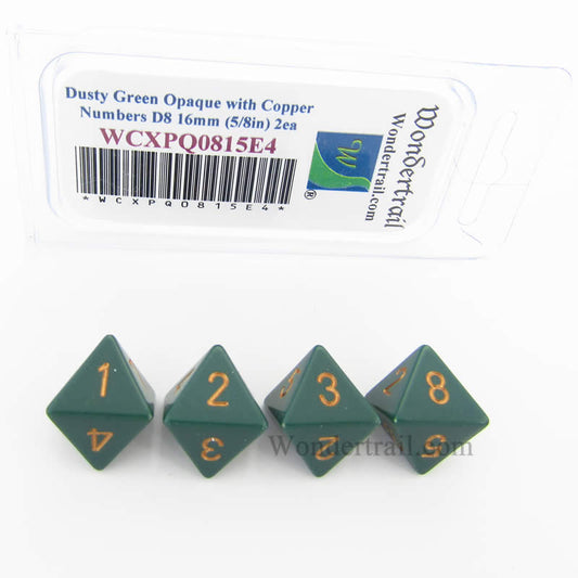WCXPQ0815E4 Dusty Green Opaque Dice with Copper Numbers D8 Aprox 16mm (5/8in) Pack of 4 Main Image