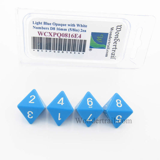 WCXPQ0816E4 Light Blue Opaque Dice White Numbers D8 16mm Pack of 4 Main Image