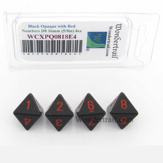 WCXPQ0818E4 Black Opaque Dice Red Numbers D8 16mm Pack of 4 Main Image
