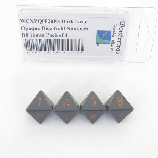 WCXPQ0820E4 Dark Grey Opaque Dice Gold Numbers D8 16mm Pack of 4 Main Image