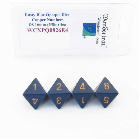 WCXPQ0826E4 Dusty Blue Opaque Dice Copper Numbers D8 16mm Pack of 4 Main Image