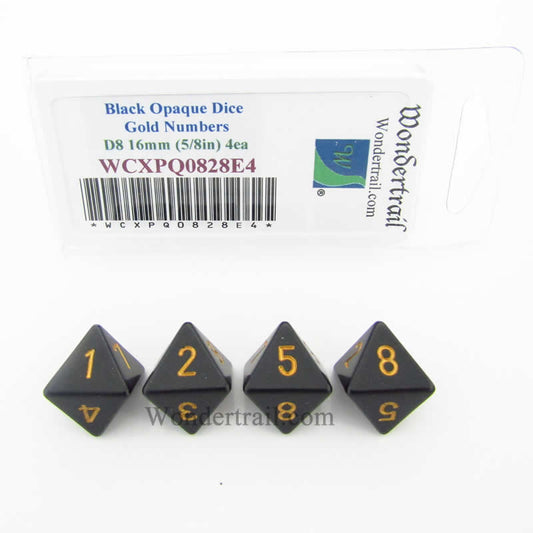 WCXPQ0828E4 Black Opaque Dice Gold Numbers D8 16mm Pack of 4 Main Image