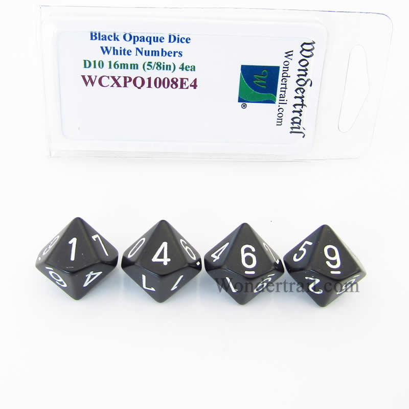 WCXPQ1008E4 Black Opaque Dice with White Numbers D10 Aprox 16mm (5/8in) Pack of 4 Wondertrail Main Image