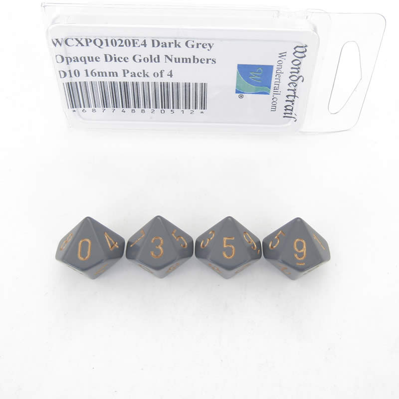 WCXPQ1020E4 Dark Grey Opaque Dice Gold Numbers D10 16mm Pack of 4 Main Image