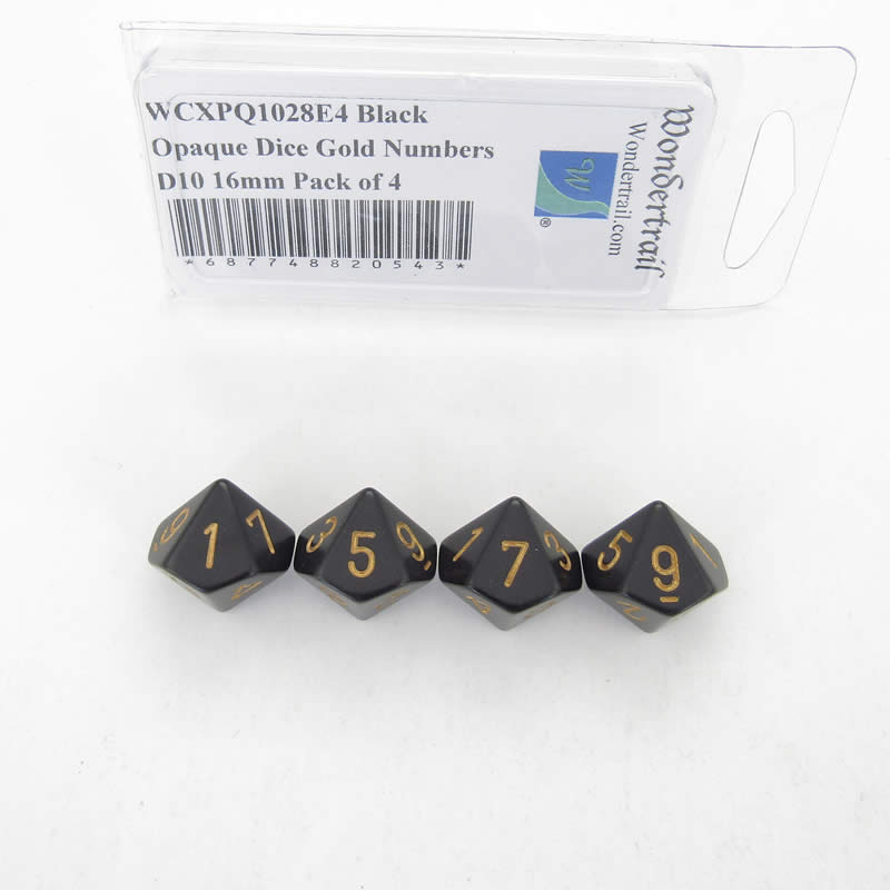 WCXPQ1028E4 Black Opaque Dice Gold Numbers D10 16mm Pack of 4 Main Image