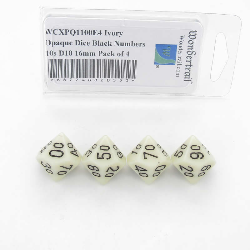 WCXPQ1100E4 Ivory Opaque Dice Black Numbers 10s D10 16mm Pack of 4 Main Image