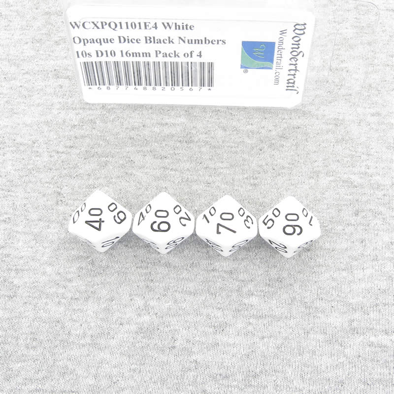 WCXPQ1101E4 White Opaque Dice Black Numbers 10s D10 16mm Pack of 4 Main Image