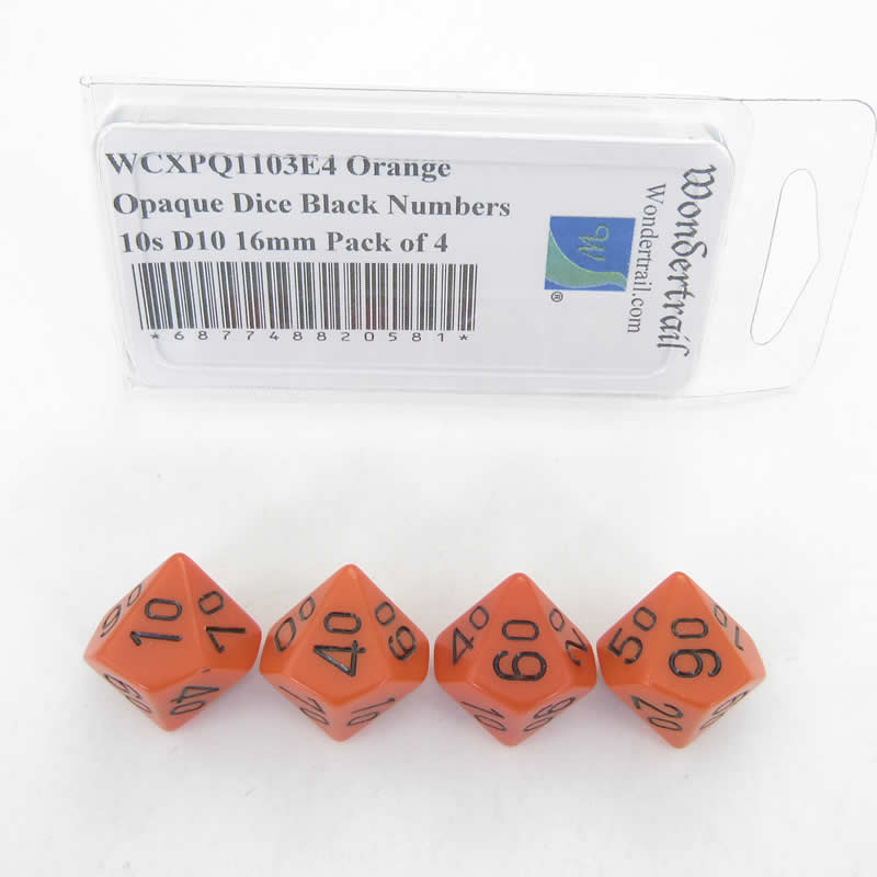 WCXPQ1103E4 Orange Opaque Dice Black Numbers 10s D10 16mm Pack of 4 Main Image