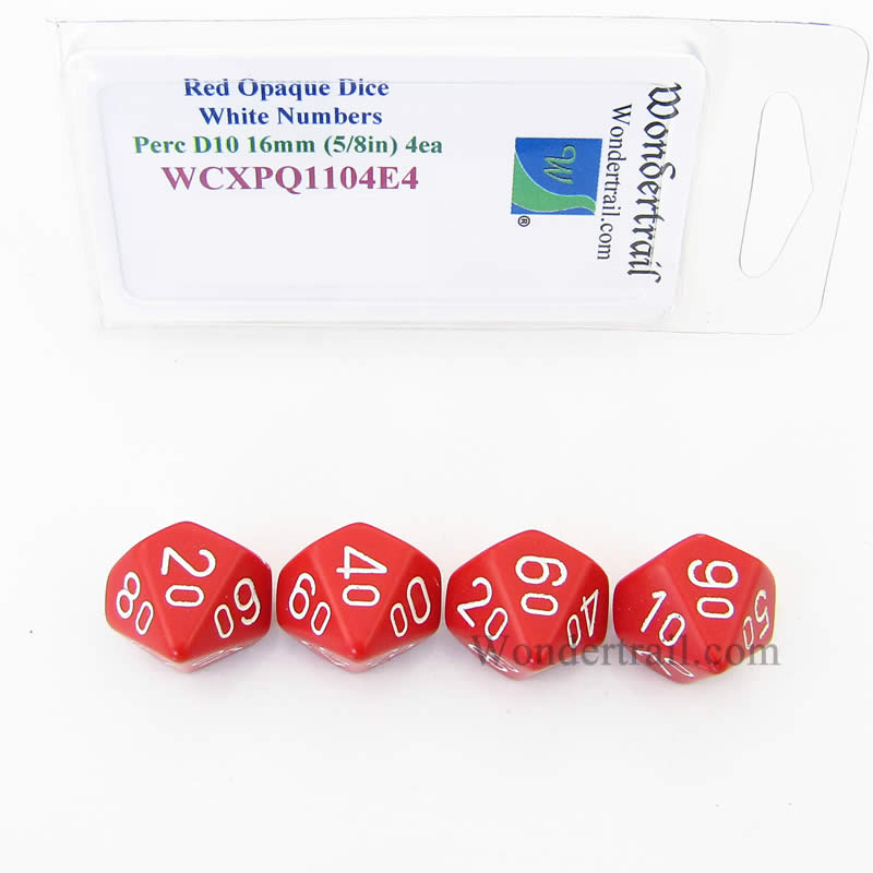 WCXPQ1104E4 Red Opaque Dice White Numbers 10s D10 16mm Pack of 4 Main Image